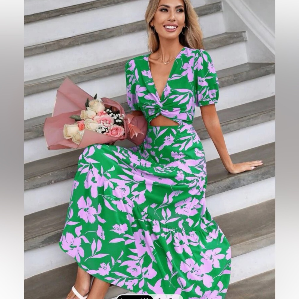 Floral Print Cutout Front Ruffle Hem Dress XL Shein
